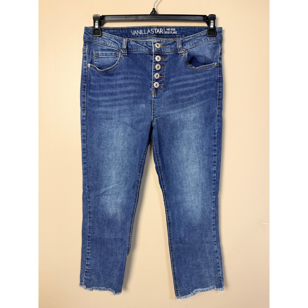 Vanilla Star Womens Kick Flare Jeans Size 13 Blue Mid Rise Button Fly Frayed Hem